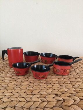 7 piece Vintage Toy Cookware Set, Red/Floral, 1970s